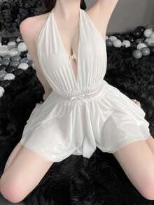 女式性感深v領無背設計,透明雙層網紗裙裝夜gown,掛脖領款式 - 白色 - 查看 2