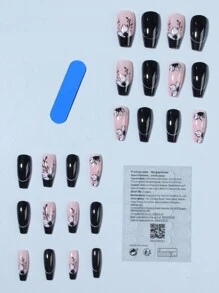 24入組長棺材形花紋法式設計全膚色假指甲套裝,含1pc指甲文件和1pc果凍凝膠,適用於女性日常穿戴 - 黑與白 - 查看 2