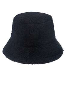 1 pieza Gorro tipo cubo esponjoso de otoño/invierno para mujeres, gorro tipo cubo de pareja cálido con forro de felpa sólido estilo japonés y ala corta linda - Negro - Ver 4