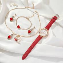 5 cái/bộ Cao-kết thúc Sang trọng Rhinestone-đính Da Dây đeo Đồng hồ thạch anh , Tim Đá quý Vòng cổ mặt dây chuyền Và Phụ kiện Bộ - Màu Hồng Tươi - Xem 5