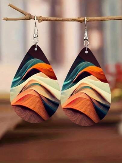 1 Pair Double Sided Rainbow Print Water Drop Wooden Hook Earrings For Women