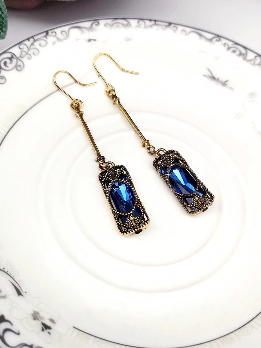 1 par de pendientes largos Vintage de bronce antiguo con cristal azul - Multicolor - Ver 1
