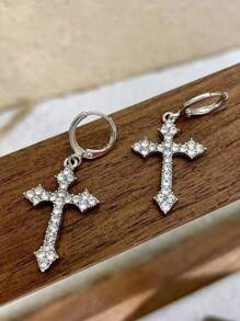 1pair Fashionable Personality Full Rhinestone Cross Shaped Earrings For Women's Daily Wear And Banquet