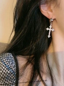 1pair Fashionable Personality Full Rhinestone Cross Shaped Earrings For Women's Daily Wear And Banquet