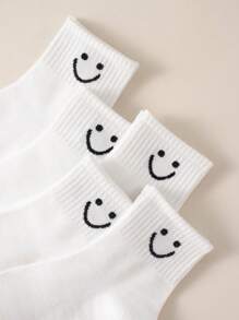 5 Pairs/set Children's Casual Style White Smile Face Pattern Comfortable Round Neck Socks, Suitable For Autumn And Winter Daily Wear - Black and White - View 3