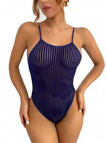 1 Pieza Traje De Baño De Cuerpo Completo Para Mujer, Traje De Malla Transparente Sin Respaldo Y Malla Sin Mangas - Azul Cadete - Ver 2