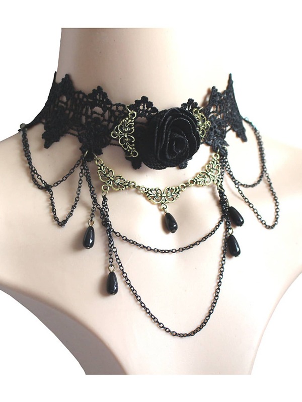 1pc/3pcs/5pcs Women Black Rose Flower Tassel Teardrop Choker, Suitable For Daily Wear Or Party Prom Halloween