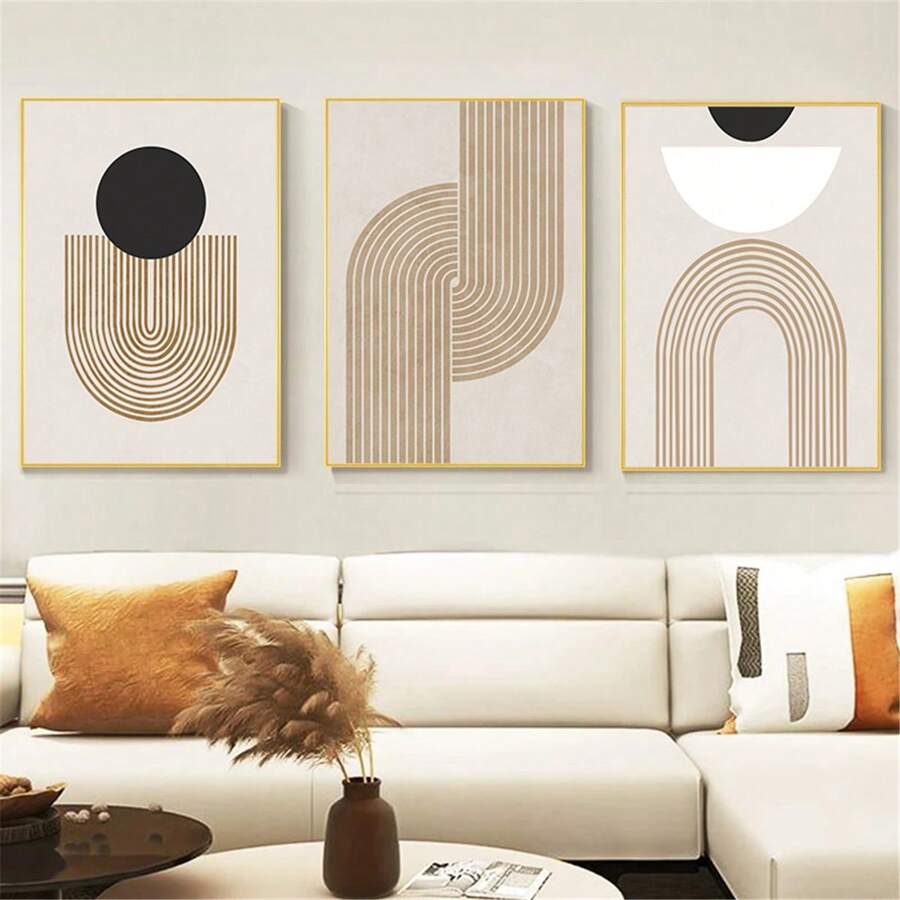 Pintura mural de arte abstracto geométrico decorativo moderno en bloques de color marrón, negro y blanco con líneas, decoración minimalista para sala de estar y dormitorio, póster en lienzo con marco - Líneas abstractas (sin marco) - Ver 1