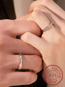 FOREVER QUEEN 1套925銀男女不斷的愛戒指,可調節戒指方形氧化鋯石婚戒承諾戒指情侶戒指訂婚新娘飾品 - 銀色 - 查看 4