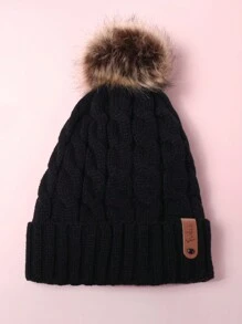 可愛1入女士冬季針織帽，皮標厚實保暖防寒針織帽，適用於戶外活動 - 黑色 - 查看 3