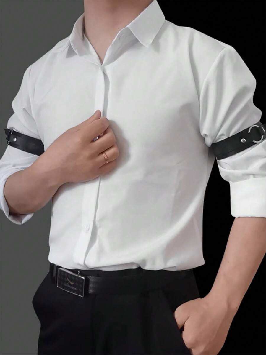 2pcs Men's Punk Style Black Leather Arm Bands As Fashion Performance Accessories Halloween - Black - View 1