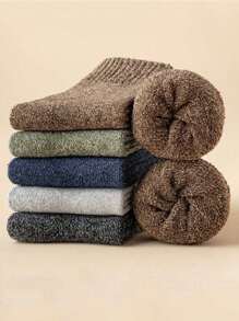 5pairs Men's Plain Vintage Thickened Socks, Mid-Calf Length, Size 35-43, Couple - Multicolor - View 1