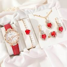 5 cái/bộ Cao-kết thúc Sang trọng Rhinestone-đính Da Dây đeo Đồng hồ thạch anh , Tim Đá quý Vòng cổ mặt dây chuyền Và Phụ kiện Bộ - Màu Hồng Tươi - Xem 1