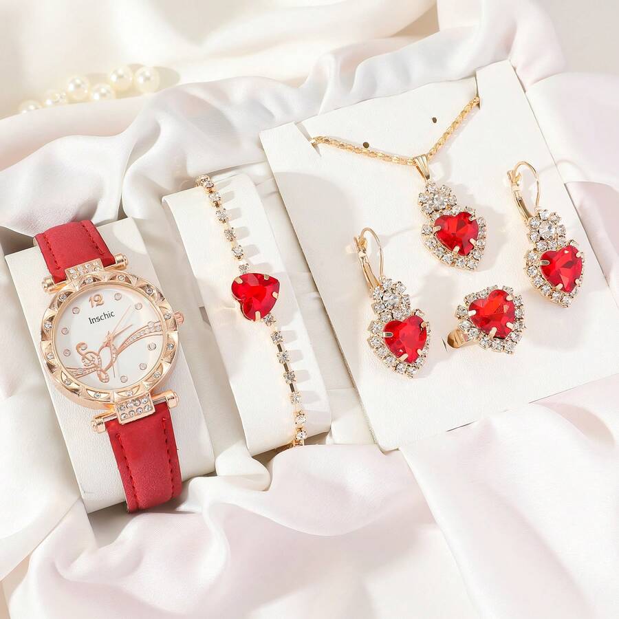 5 cái/bộ Cao-kết thúc Sang trọng Rhinestone-đính Da Dây đeo Đồng hồ thạch anh , Tim Đá quý Vòng cổ mặt dây chuyền Và Phụ kiện Bộ - Màu Hồng Tươi - Xem 1