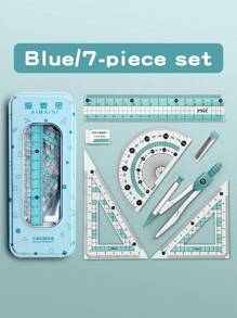 7-piece Blue Compass And Ruler Learning Set, Cute Triangle Ruler, Student Stationery, Ruler, Protractor, Triangle Plate, Compass Set And Ruler Set, Exam-specific Ruler, High School Entrance Examination Ruler Set With Compass Set - Blue - View 1