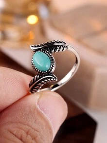 1pc Vintage Pure Silver Feather & Oval Turquoise Ring For Women's Date Gift - Antique Silver - View 5