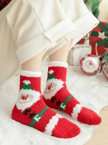 1 双毛绒袜子，温暖厚实柔软毛绒袜子，带圣诞老人图案，适合女士/男士/情侣/女孩、圣诞礼物、家居、睡眠、秋冬季 - 彩色 - 查看 1