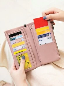 復古三折PU皮革多卡槽長款零錢包，帶有卡槽ID窗口和拉鍊袋和手腕掛飾，極簡復古信用卡套，大容量零錢包和錢包，適用於時尚現代商務周年慶，情人節生日禮物送給妻子女性女士女孩 - 粉色 - 查看 2