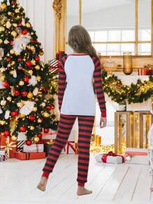 2pcs/Set Girls Christmas Family Matching Snug Fit Pajamas, Cute Reindeer & Stripe Print Long Sleeve Top & Pants, Holiday Loungewear Set - White - View 2