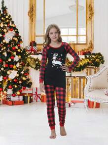2入組少女聖誕緊身睡衣套裝,鹿紋長袖上衣和方格褲,假日家居服裝套裝