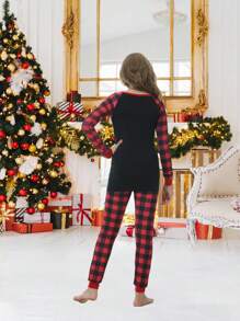 2入組少女聖誕緊身睡衣套裝,鹿紋長袖上衣和方格褲,假日家居服裝套裝