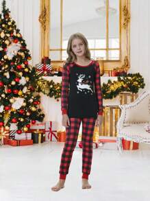 2入組少女聖誕緊身睡衣套裝,鹿紋長袖上衣和方格褲,假日家居服裝套裝