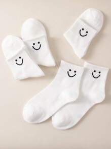 5 Pairs/set Children's Casual Style White Smile Face Pattern Comfortable Round Neck Socks, Suitable For Autumn And Winter Daily Wear - Black and White - View 4