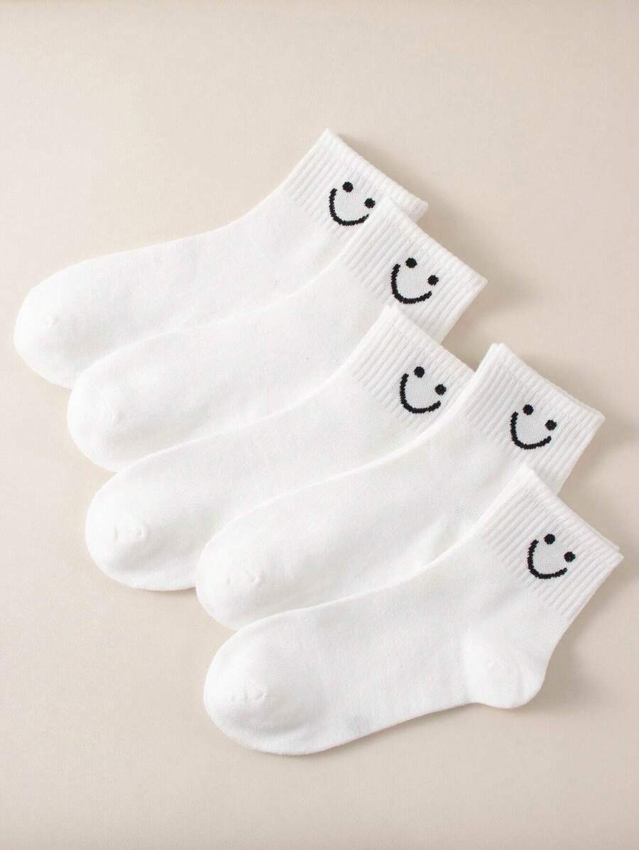 5 Pairs/set Children's Casual Style White Smile Face Pattern Comfortable Round Neck Socks, Suitable For Autumn And Winter Daily Wear - Black and White - View 1