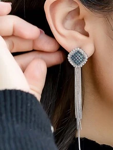 2pcs Simple & Elegant Tassel Dangle Earrings, New Fashion Rhinestone Geometric Square Ear Jewelry For Women - Silver - View 1