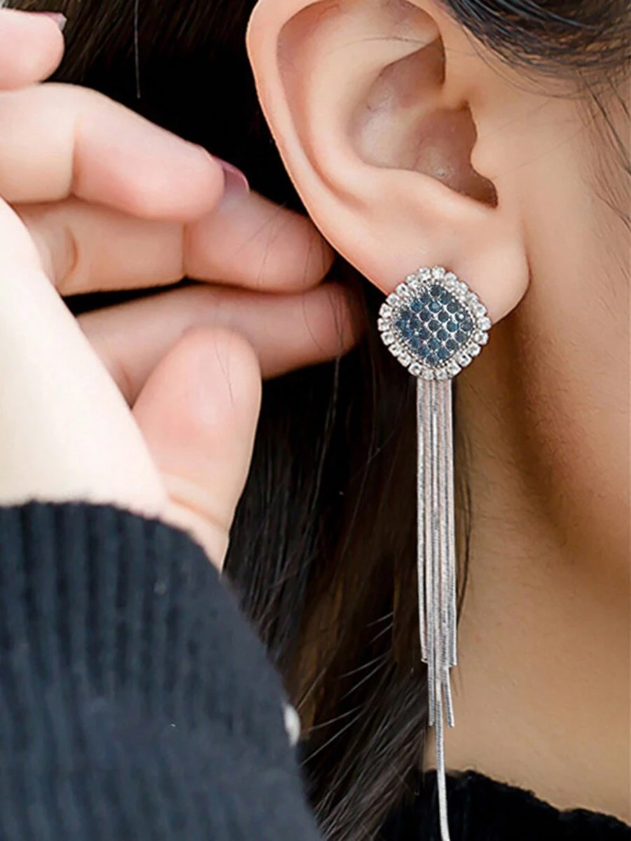 2pcs Simple & Elegant Tassel Dangle Earrings, New Fashion Rhinestone Geometric Square Ear Jewelry For Women - Silver - View 1