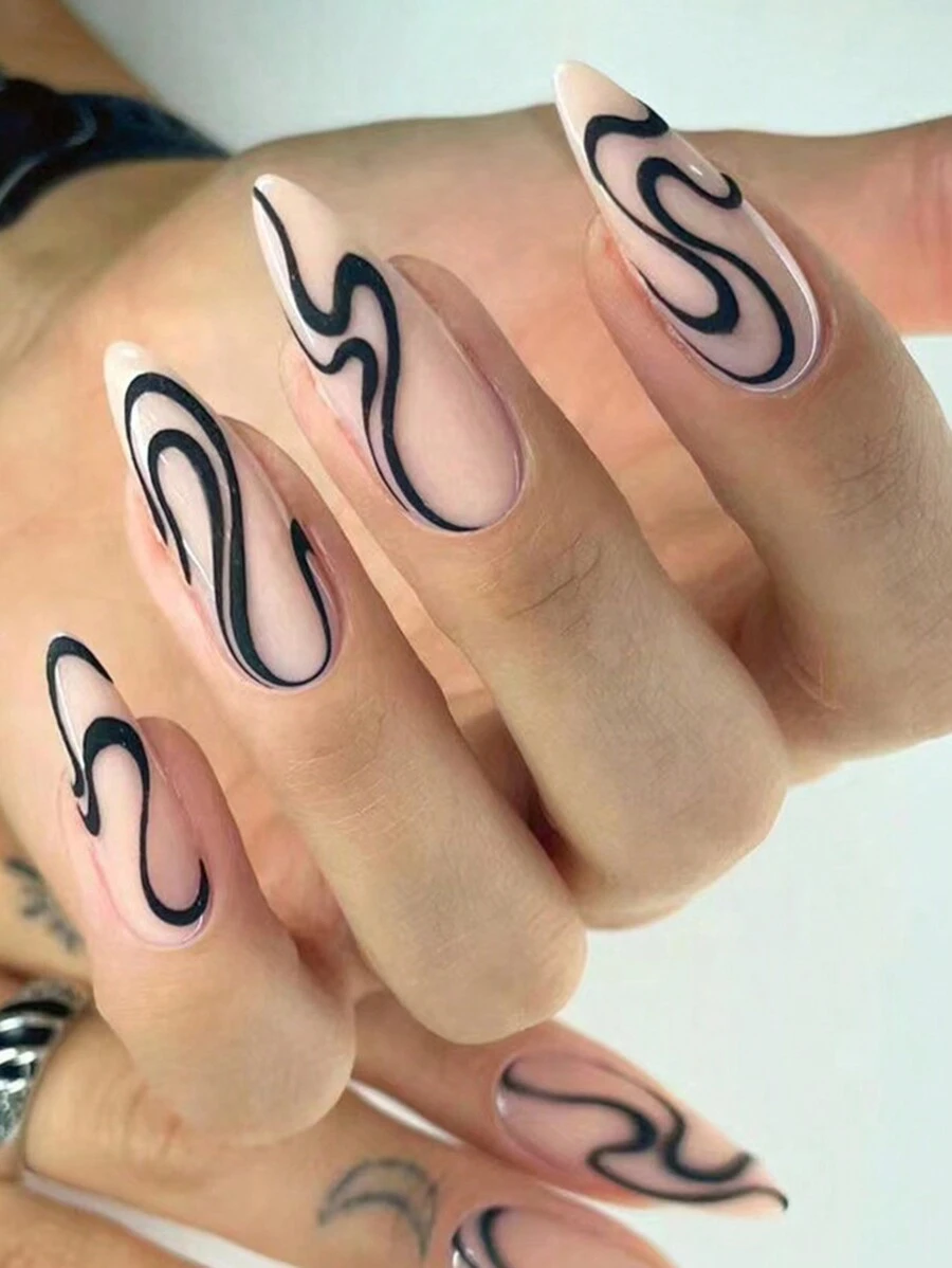 24入組時尚簡約波浪造型長杏仁形假指甲,配有膠貼片和指甲銼 - 彩色 - 查看 1