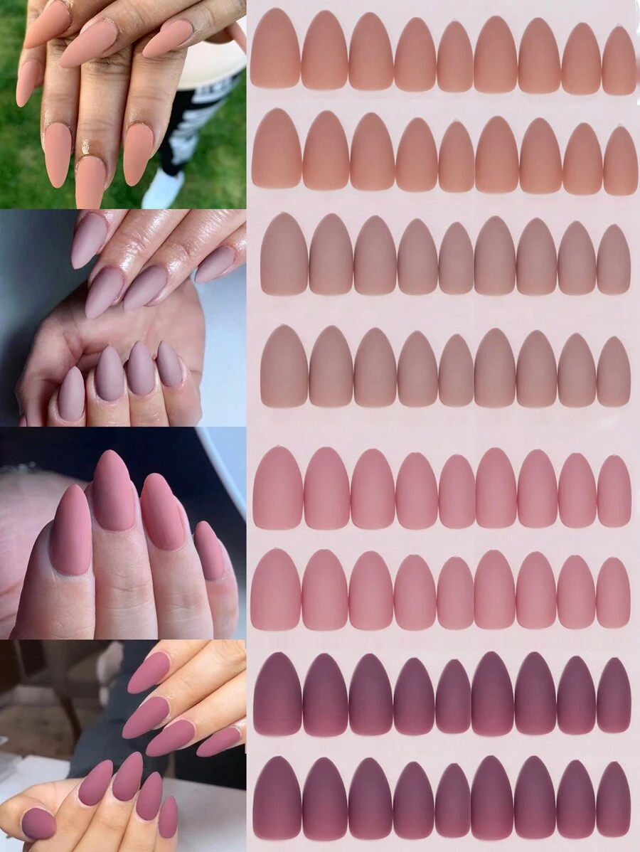 VV MEI JIA ER Juego de uñas postizas mate sólidas de diseño natural en tonos de piel para otoño e invierno en 4 colores (96 piezas) con caja de almacenamiento como regalo para mujeres y niñas. Incluye uñas acrílicas medianas en forma de almendra, 1 hoja de adhesivo y 1 lima de uñas. Artículos de manicura. - Multicolor - Ver 1