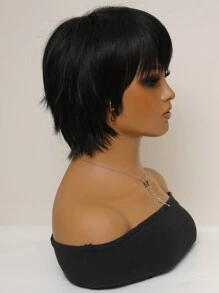 耐熱合成天然黑色假髮短髮兔女郎假髮帶瀏海鬆軟飄逸,黑色短髮假髮可愛適合女性日常使用和派對假髮,逼真自然 - 黑色 - 查看 5