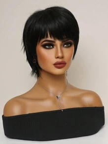 耐熱合成天然黑色假髮短髮兔女郎假髮帶瀏海鬆軟飄逸,黑色短髮假髮可愛適合女性日常使用和派對假髮,逼真自然 - 黑色 - 查看 4