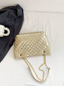 1個金色金屬配鍊裝飾菱形縫紉pu材質女士鏈帶肩袋,適用於日常使用、購物等