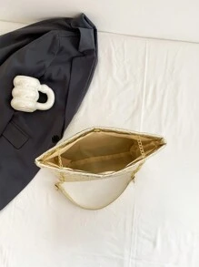 1個金色金屬配鍊裝飾菱形縫紉pu材質女士鏈帶肩袋,適用於日常使用、購物等