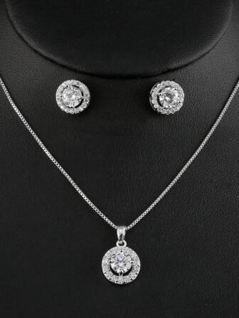 rakol 3pcs Classic Round & Cubic Zirconia Decorated Women's Necklace & Earrings Jewelry Set