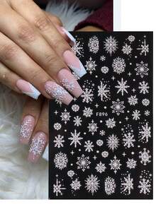 4 件裝全像閃光白色雪花指甲貼,冬季 3d 自黏指甲貼花節日設計聖誕裝飾聖誕節 Diy 美甲用品 - 白色 - 查看 5