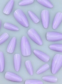 換個指甲造型，24入組杏仁形全覆式亮面淺紫色假指甲，適合女性和女孩們日常佩戴及跳舞派對貼片指甲美甲用品 - 淡紫色 - 查看 3