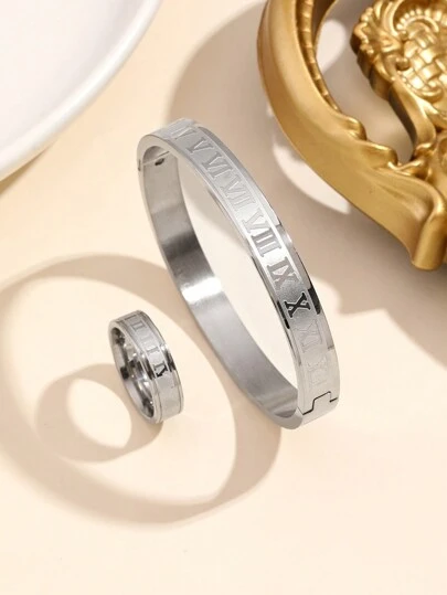 2pcs Stainless Steel Roman Numeral Ring And Bracelet Jewelry Set, Suitable For Daily Wear Or Gift