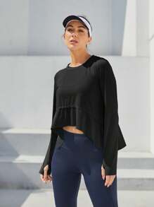 ED3SIZE Women's Black Half Circle Hem Long Sleeve T-shirt With Smooth Edge