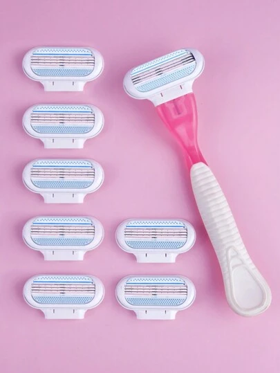 8入組簡約藍色3層女性刮鬍刀和1入粉色握把替換套裝,適用於venus