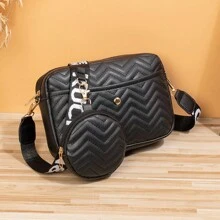 2pcs/Set Korean Style Wave Pattern Fashion Embroidery Shoulder & Crossbody Bag,School Bag Set,Portable,Classic Casual,Business Casual,For Teen Girls Women College Students,White-Collar Workers,College,Perfect For Office,Elementary School - Black - View 3