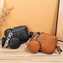 2pcs/Set Korean Style Wave Pattern Fashion Embroidery Shoulder & Crossbody Bag,School Bag Set,Portable,Classic Casual,Business Casual,For Teen Girls Women College Students,White-Collar Workers,College,Perfect For Office,Elementary School - Black - View 2