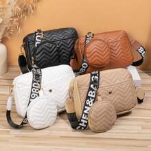 2pcs/Set Korean Style Wave Pattern Fashion Embroidery Shoulder & Crossbody Bag,School Bag Set,Portable,Classic Casual,Business Casual,For Teen Girls Women College Students,White-Collar Workers,College,Perfect For Office,Elementary School - Black - View 1