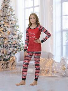 2pcs/Set Young Girl' Cute Reindeer Striped Long Sleeve Pajama Set - Red - View 4
