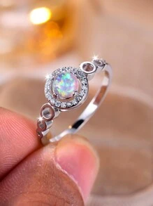 蛋白石裝飾純銀開口戒指 - 銀色 - 查看 3