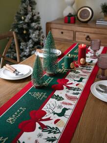1pc Embossed Christmas Table Runner With Bowknot Decoration
