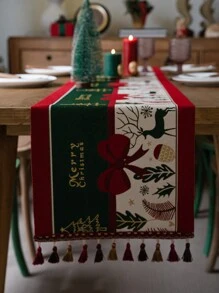1pc Embossed Christmas Table Runner With Bowknot Decoration