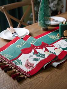 1pc Embossed Christmas Table Runner With Bowknot Decoration